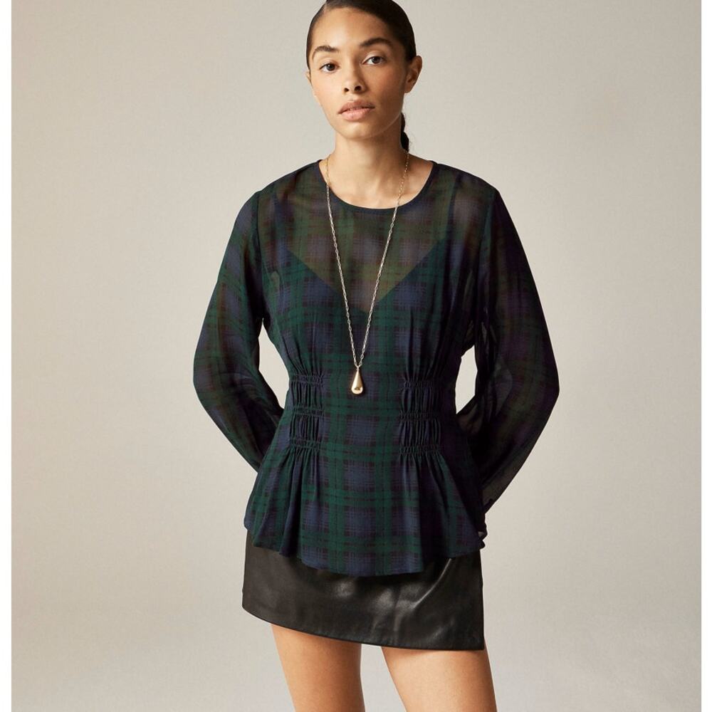 J.Crew Chiffon Shirred-Waist Top Sz 0 Green Blue Black Watch Tartan Long Sleeve